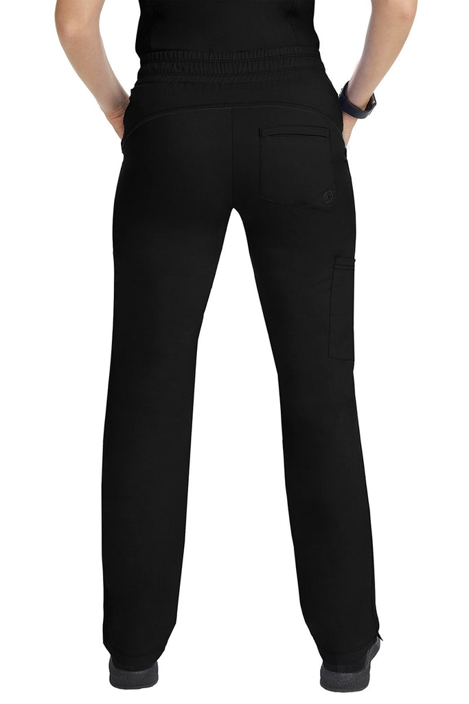A female healthcare worker wearing a pair of Purple Label Women's Tanya Drawstring Cargo Scrub Pants in Black featuring 1 back patch pocket for additional on the go storage needs.