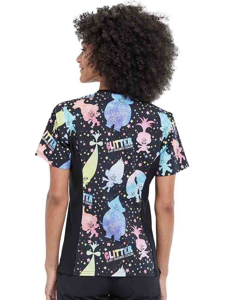 The back of the Tooniforms Women's v-neck Printed Scrub Top in "Glitter Trolls" size medium featuring a center back length of 26".
