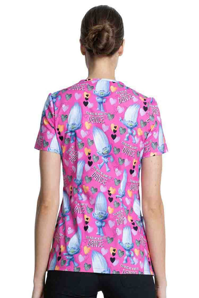 A look at the back of the "Diamond Dance Tooniforms Women's V-Neck Printed Scrub Top in size medium featuring a center back length of 26".